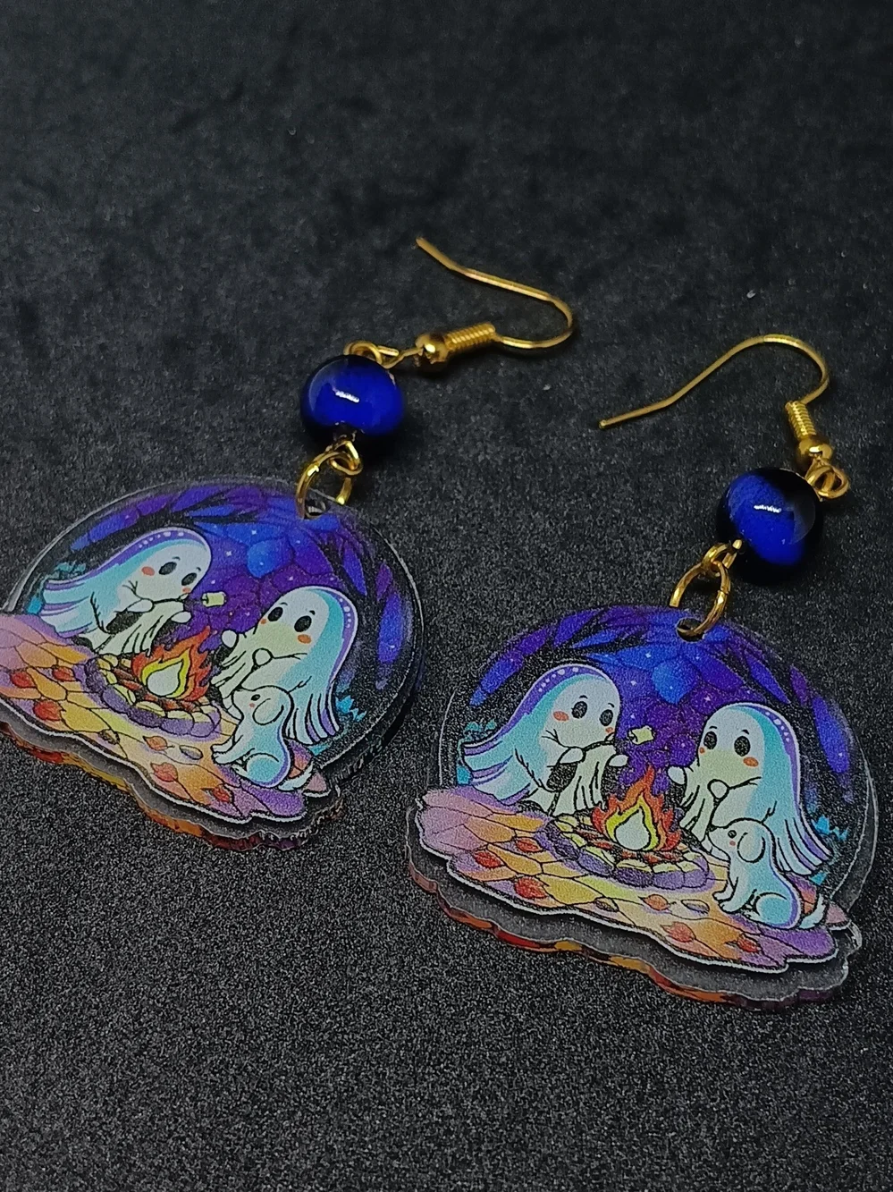 Gold-Tone Ghost Campfire Dangle Earrings in Blue and Purple